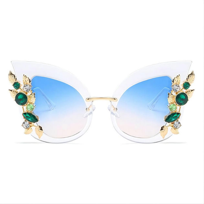 Floral Embellished Cat-Eye Sunglasses Clear Oversize Frame Blue Pink Lens