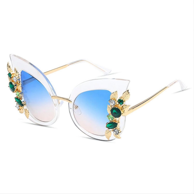 Floral Embellished Cat-Eye Sunglasses Oversize Frame Clear/Blue Pink