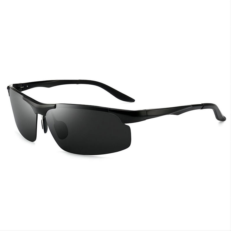 Polarized Rimless Sport Sunglasses Black Aluminum Arms Gray Lens (Fishing / Driving)