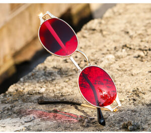 Womens Metal Oval Steampunk Sunglasses Gold Frame Red Lens
