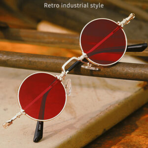 Small Engraved Round Circle Sunglasses Gold Frame Red Lens